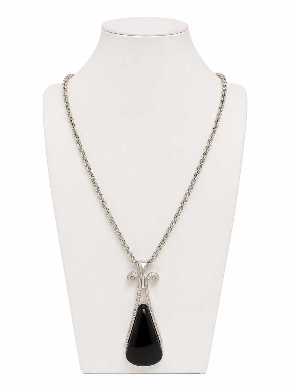 Vintage Signed Avon Black Teardrop Pendant Silver Tone‎ Modernist Necklace